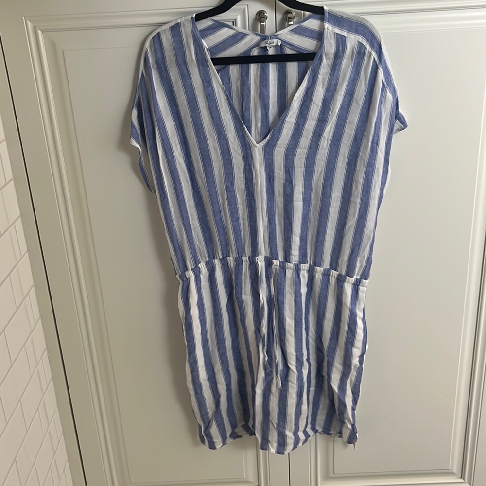 Rails Women's Medium Emma Blue White Stripe Linen Shirt Dress Pockets Tie Waist
